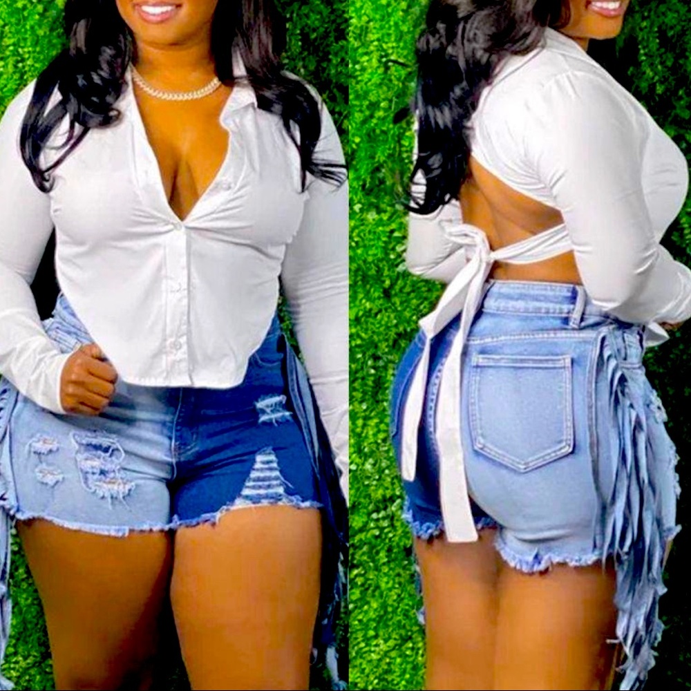 Denim fringe shorts